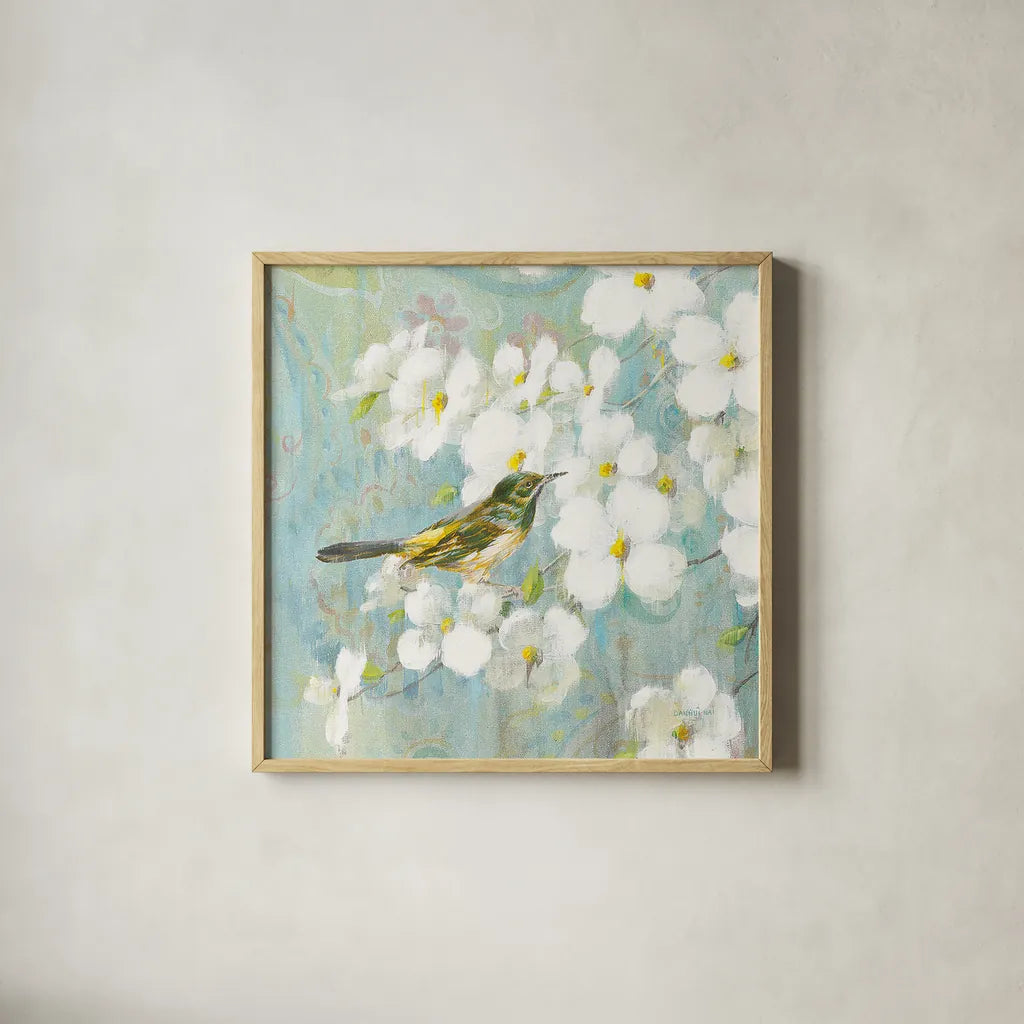 Spring Dream V by Danhui Nai. Shown in a natural wood glass frame for a timeless modern aesthetic. Available as an archival giclee rolled canvas, fine art paper, or poster print. SKU 24929a.