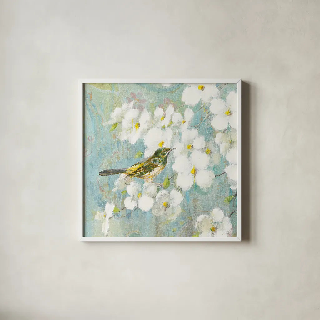 Spring Dream V by Danhui Nai. Shown in a crisp white glass frame for a clean and minimalist style. Available as an archival giclee rolled canvas, fine art paper, or poster print. SKU 24929a.