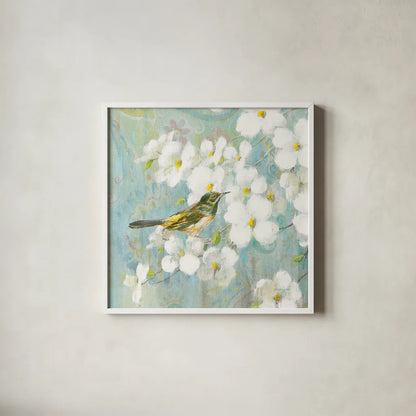 Spring Dream V by Danhui Nai. Shown in a crisp white glass frame for a clean and minimalist style. Available as an archival giclee rolled canvas, fine art paper, or poster print. SKU 24929a.