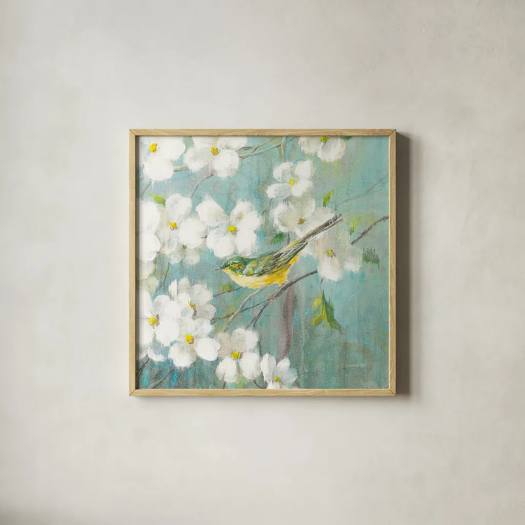 Spring Dream VI by Danhui Nai. Shown in a natural wood glass frame for a timeless modern aesthetic. Available as an archival giclee rolled canvas, fine art paper, or poster print. SKU 24930a.