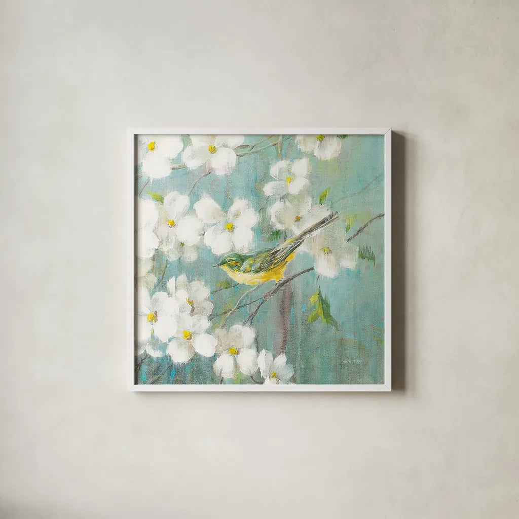 Spring Dream VI by Danhui Nai. Shown in a crisp white glass frame for a clean and minimalist style. Available as an archival giclee rolled canvas, fine art paper, or poster print. SKU 24930a.