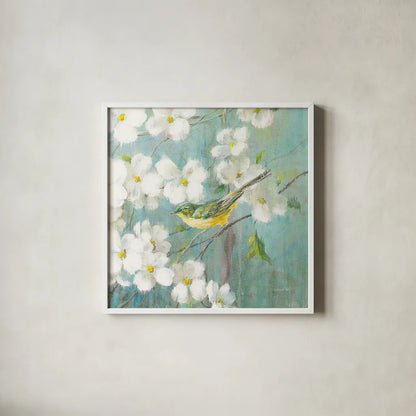 Spring Dream VI by Danhui Nai. Shown in a crisp white glass frame for a clean and minimalist style. Available as an archival giclee rolled canvas, fine art paper, or poster print. SKU 24930a.