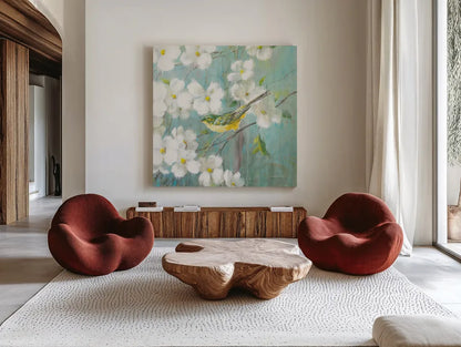 Spring Dream VI by Danhui Nai. Shown as extra-large giant wall art in a modern living room. Available as an archival giclee rolled canvas, fine art paper, or poster print. SKU 24930a.