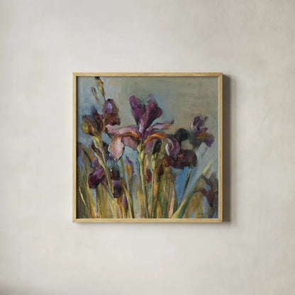 Spring Iris I by Danhui Nai. Shown in a natural wood glass frame for a timeless modern aesthetic. Available as an archival giclee rolled canvas, fine art paper, or poster print. SKU 29774a.