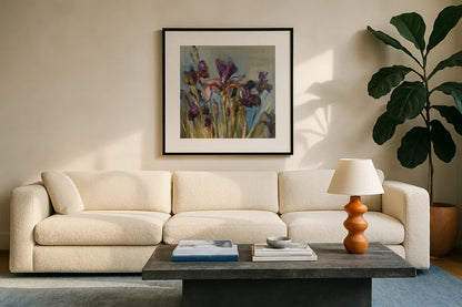 Spring Iris I by Danhui Nai. Displayed in a glass frame with matte in a clean modern living room. Available as an archival giclee rolled canvas, fine art paper, or poster print. SKU 29774a.