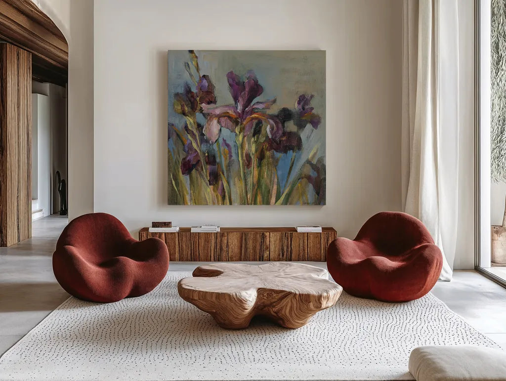Spring Iris I by Danhui Nai. Shown as extra-large giant wall art in a modern living room. Available as an archival giclee rolled canvas, fine art paper, or poster print. SKU 29774a.