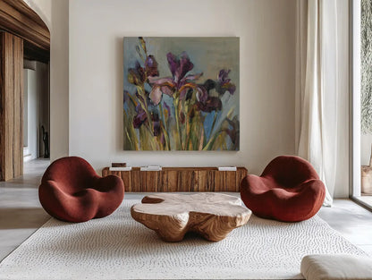 Spring Iris I by Danhui Nai. Shown as extra-large giant wall art in a modern living room. Available as an archival giclee rolled canvas, fine art paper, or poster print. SKU 29774a.