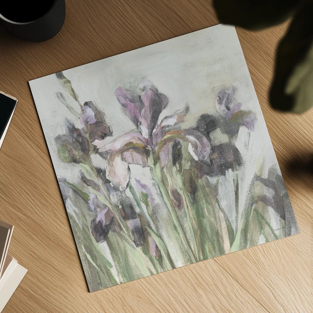 Spring Iris I Purple by Danhui Nai. Shown as a detailed flat fine art print, highlighting archival giclee quality. Available as an archival giclee rolled canvas, fine art paper, or poster print. SKU 75667a.