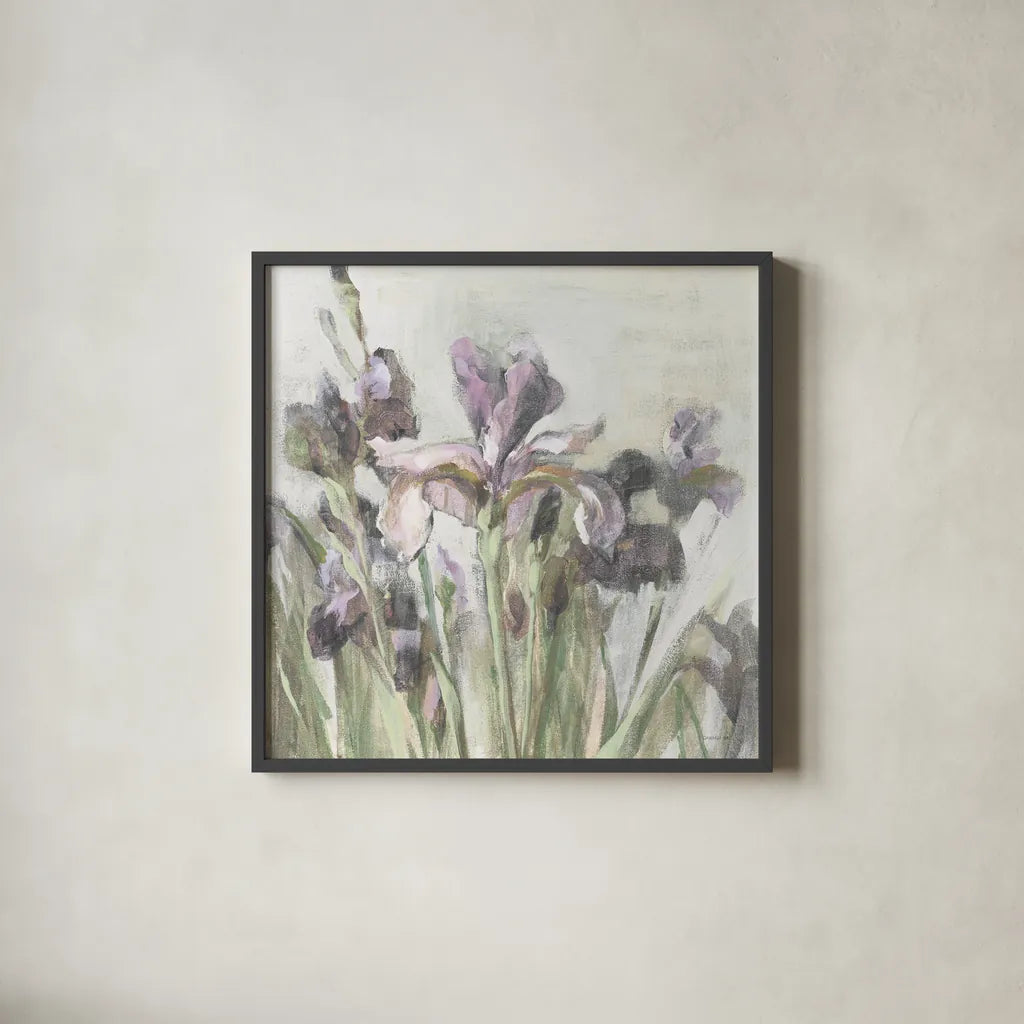 Spring Iris I Purple by Danhui Nai. Shown in a sleek black glass frame for a contemporary gallery look. Available as an archival giclee rolled canvas, fine art paper, or poster print. SKU 75667a.