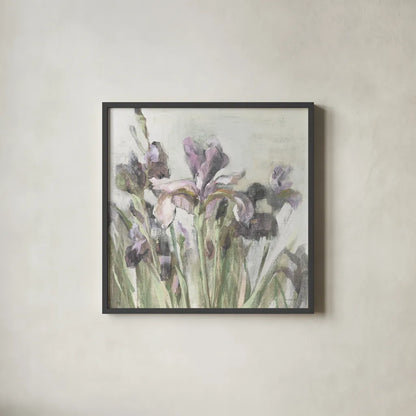 Spring Iris I Purple by Danhui Nai. Shown in a sleek black glass frame for a contemporary gallery look. Available as an archival giclee rolled canvas, fine art paper, or poster print. SKU 75667a.