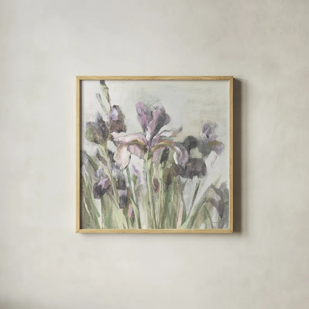 Spring Iris I Purple by Danhui Nai. Shown in a natural wood glass frame for a timeless modern aesthetic. Available as an archival giclee rolled canvas, fine art paper, or poster print. SKU 75667a.