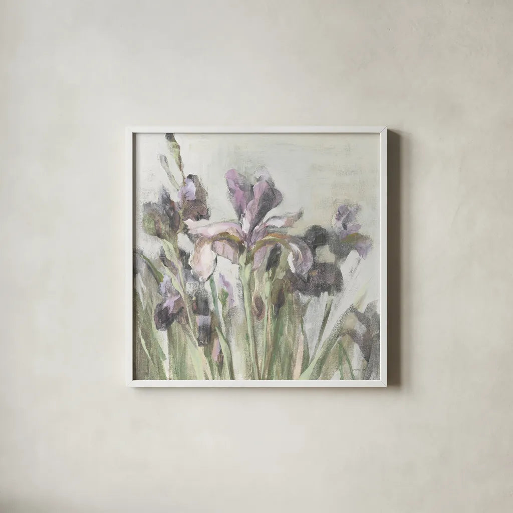 Spring Iris I Purple by Danhui Nai. Shown in a crisp white glass frame for a clean and minimalist style. Available as an archival giclee rolled canvas, fine art paper, or poster print. SKU 75667a.