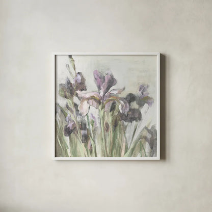 Spring Iris I Purple by Danhui Nai. Shown in a crisp white glass frame for a clean and minimalist style. Available as an archival giclee rolled canvas, fine art paper, or poster print. SKU 75667a.