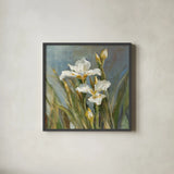 Spring Iris II by Danhui Nai. Shown in a sleek black glass frame for a contemporary gallery look. Available as an archival giclee rolled canvas, fine art paper, or poster print. SKU 29775a.