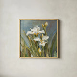 Spring Iris II by Danhui Nai. Shown in a natural wood glass frame for a timeless modern aesthetic. Available as an archival giclee rolled canvas, fine art paper, or poster print. SKU 29775a.