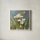 Spring Iris II by Danhui Nai. Shown in a crisp white glass frame for a clean and minimalist style. Available as an archival giclee rolled canvas, fine art paper, or poster print. SKU 29775a.