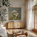 Spring Iris II by Danhui Nai. Shown in a natural wood frame in a cozy modern living room. Available as an archival giclee rolled canvas, fine art paper, or poster print. SKU 29775a.