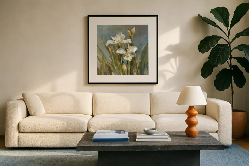 Spring Iris II by Danhui Nai. Displayed in a glass frame with matte in a clean modern living room. Available as an archival giclee rolled canvas, fine art paper, or poster print. SKU 29775a.