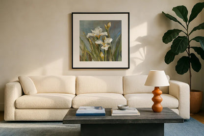 Spring Iris II by Danhui Nai. Displayed in a glass frame with matte in a clean modern living room. Available as an archival giclee rolled canvas, fine art paper, or poster print. SKU 29775a.
