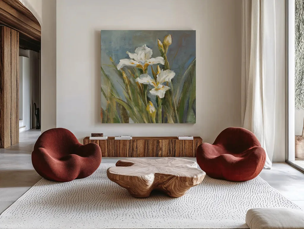 Spring Iris II by Danhui Nai. Shown as extra-large giant wall art in a modern living room. Available as an archival giclee rolled canvas, fine art paper, or poster print. SKU 29775a.