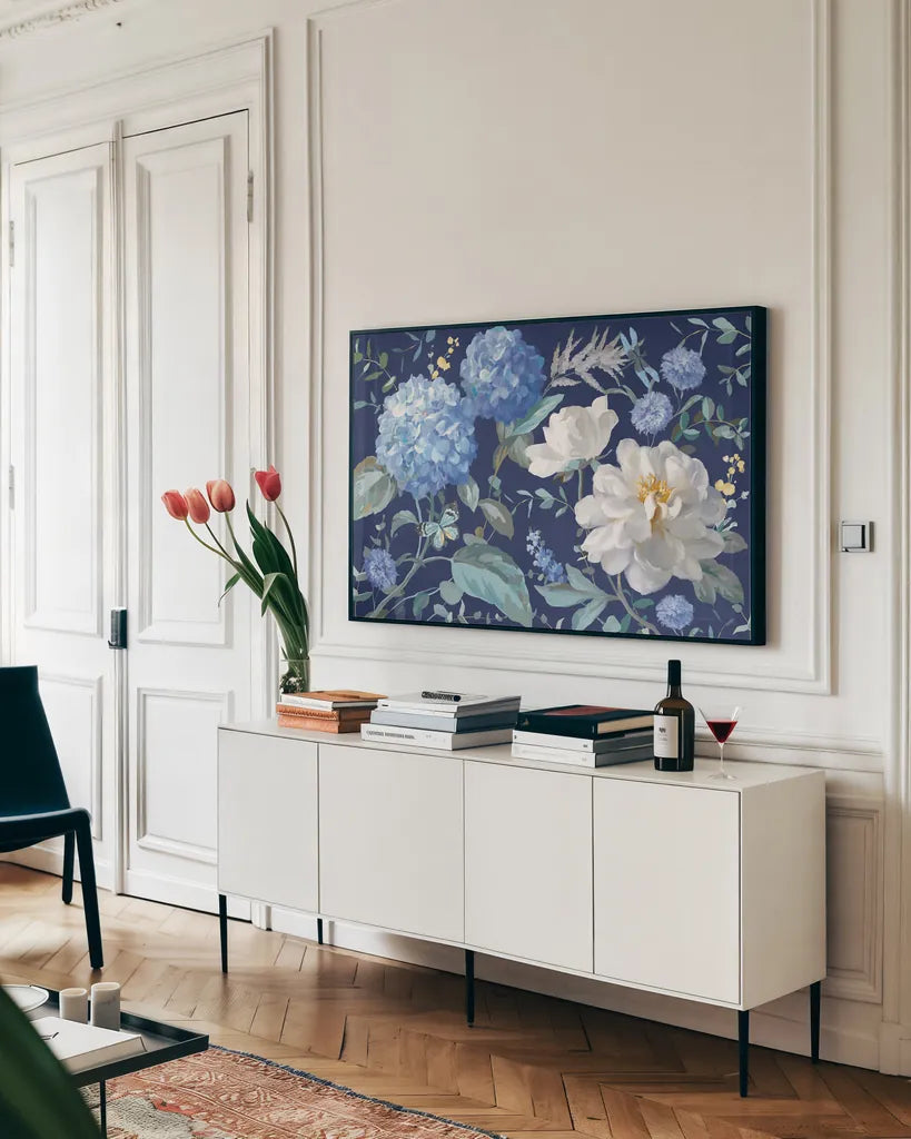 Spring Morning Blooms I by Danhui Nai. shown as a framed stretched canvas in a living room above a console. Available as a archival giclee rolled canvas, fine art paper, or poster print. SKU 85084i.