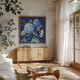 Spring Morning Blooms III by Danhui Nai. Shown in a natural wood frame in a cozy modern living room. Available as an archival giclee rolled canvas, fine art paper, or poster print. SKU 85086a.