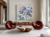 Spring Morning Blooms IV by Danhui Nai. Shown as extra-large giant wall art in a modern living room. Available as an archival giclee rolled canvas, fine art paper, or poster print. SKU 85087a.