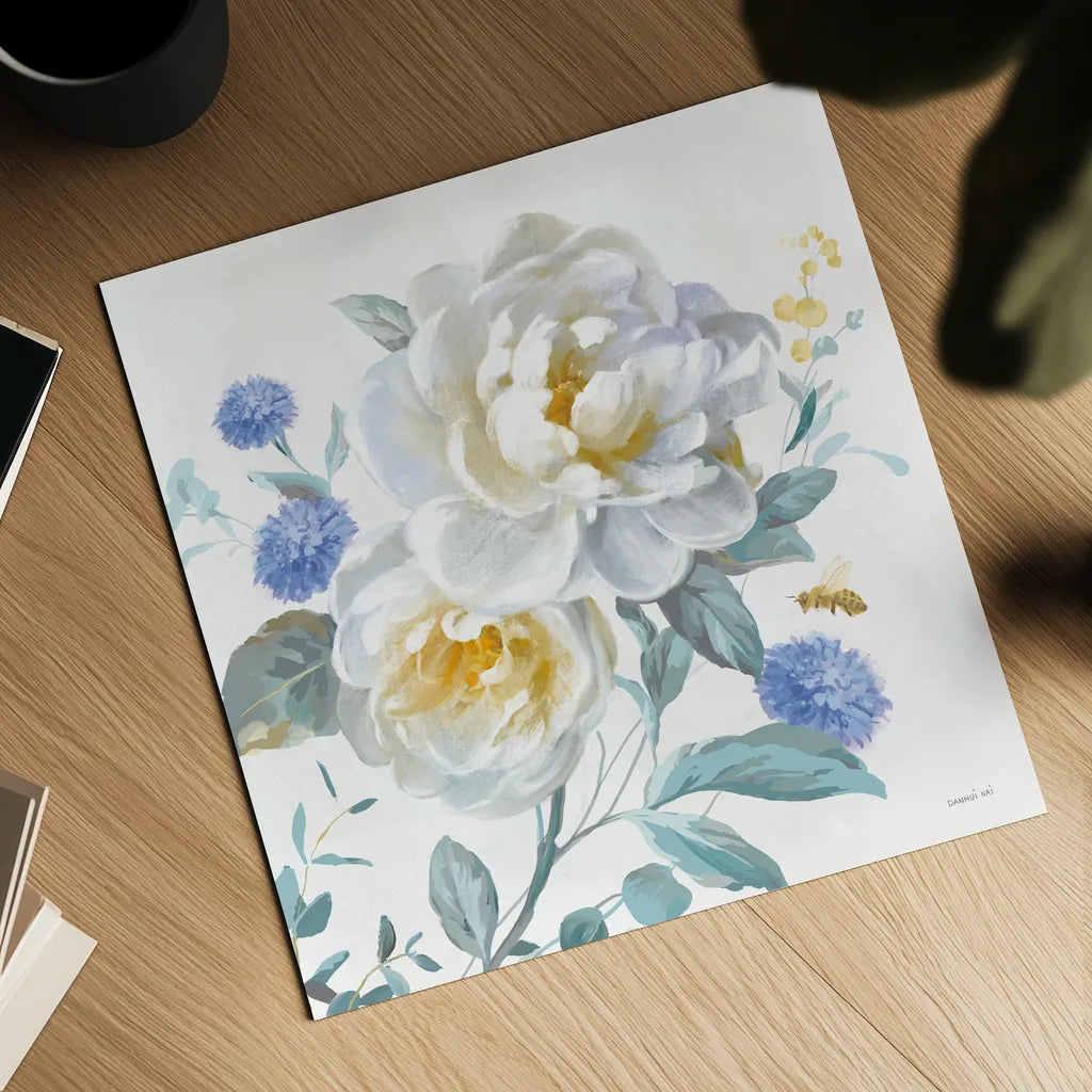 Spring Morning Blooms V by Danhui Nai. Shown as a detailed flat fine art print, highlighting archival giclee quality. Available as an archival giclee rolled canvas, fine art paper, or poster print. SKU 85088a.