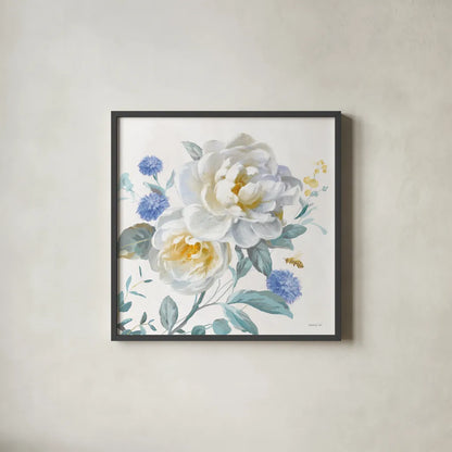 Spring Morning Blooms V by Danhui Nai. Shown in a sleek black glass frame for a contemporary gallery look. Available as an archival giclee rolled canvas, fine art paper, or poster print. SKU 85088a.