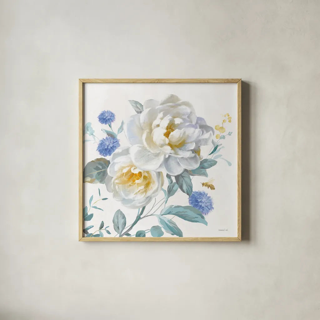 Spring Morning Blooms V by Danhui Nai. Shown in a natural wood glass frame for a timeless modern aesthetic. Available as an archival giclee rolled canvas, fine art paper, or poster print. SKU 85088a.