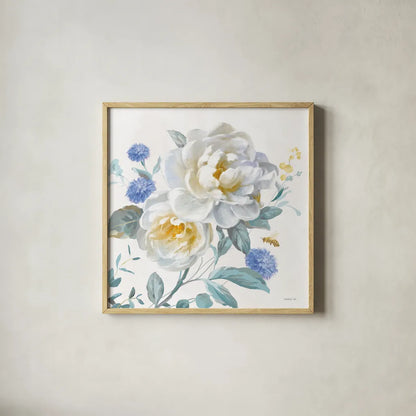 Spring Morning Blooms V by Danhui Nai. Shown in a natural wood glass frame for a timeless modern aesthetic. Available as an archival giclee rolled canvas, fine art paper, or poster print. SKU 85088a.