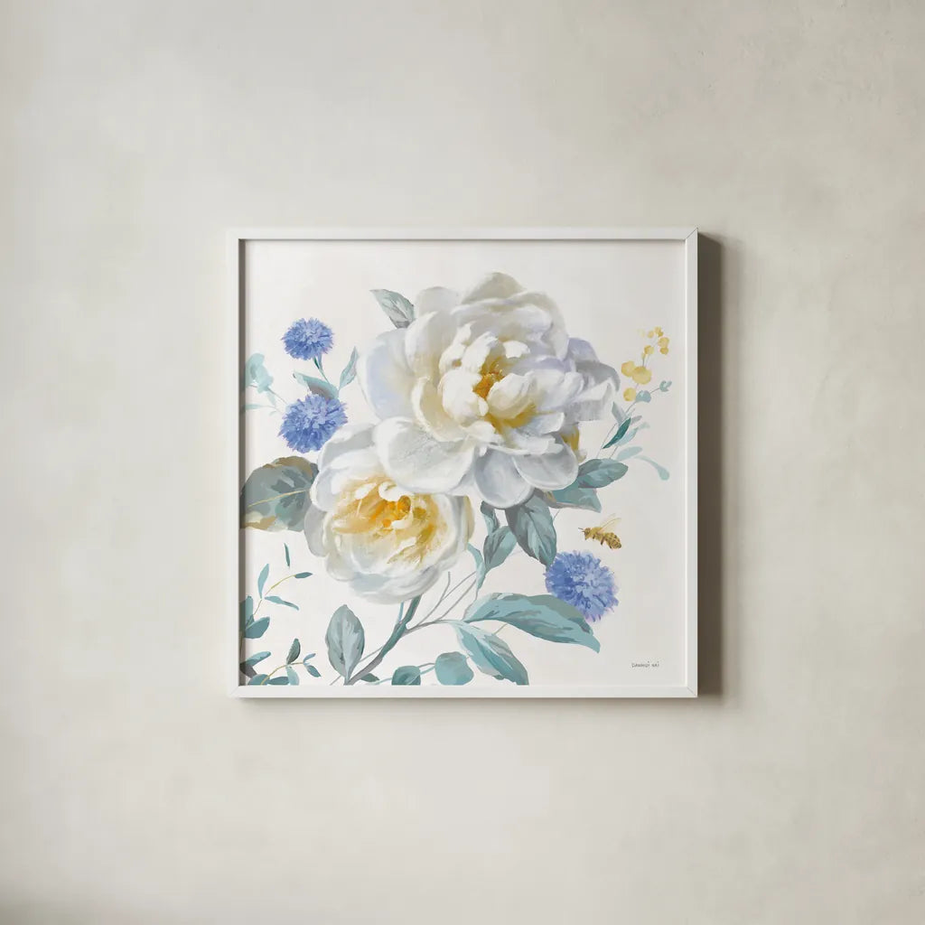 Spring Morning Blooms V by Danhui Nai. Shown in a crisp white glass frame for a clean and minimalist style. Available as an archival giclee rolled canvas, fine art paper, or poster print. SKU 85088a.