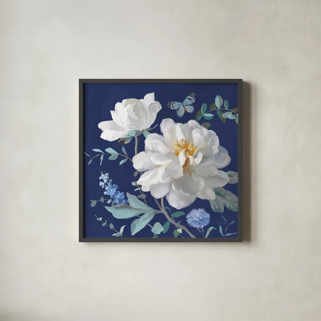 Spring Morning Blooms VI by Danhui Nai. Shown in a sleek black glass frame for a contemporary gallery look. Available as an archival giclee rolled canvas, fine art paper, or poster print. SKU 85089a.