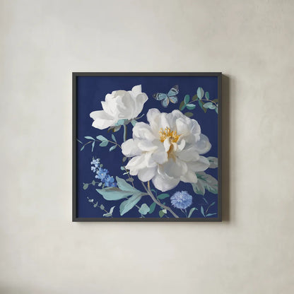 Spring Morning Blooms VI by Danhui Nai. Shown in a sleek black glass frame for a contemporary gallery look. Available as an archival giclee rolled canvas, fine art paper, or poster print. SKU 85089a.