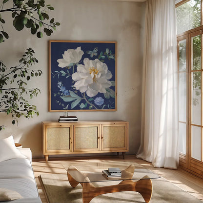 Spring Morning Blooms VI by Danhui Nai. Shown in a natural wood frame in a cozy modern living room. Available as an archival giclee rolled canvas, fine art paper, or poster print. SKU 85089a.