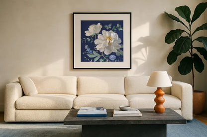 Spring Morning Blooms VI by Danhui Nai. Displayed in a glass frame with matte in a clean modern living room. Available as an archival giclee rolled canvas, fine art paper, or poster print. SKU 85089a.