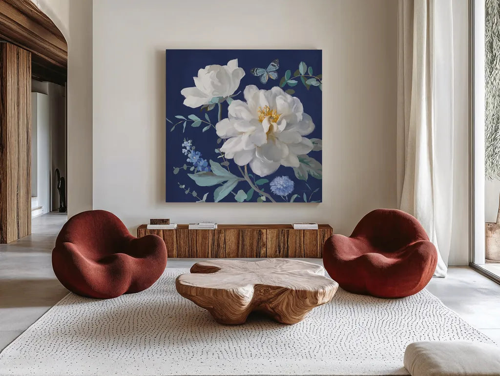 Spring Morning Blooms VI by Danhui Nai. Shown as extra-large giant wall art in a modern living room. Available as an archival giclee rolled canvas, fine art paper, or poster print. SKU 85089a.