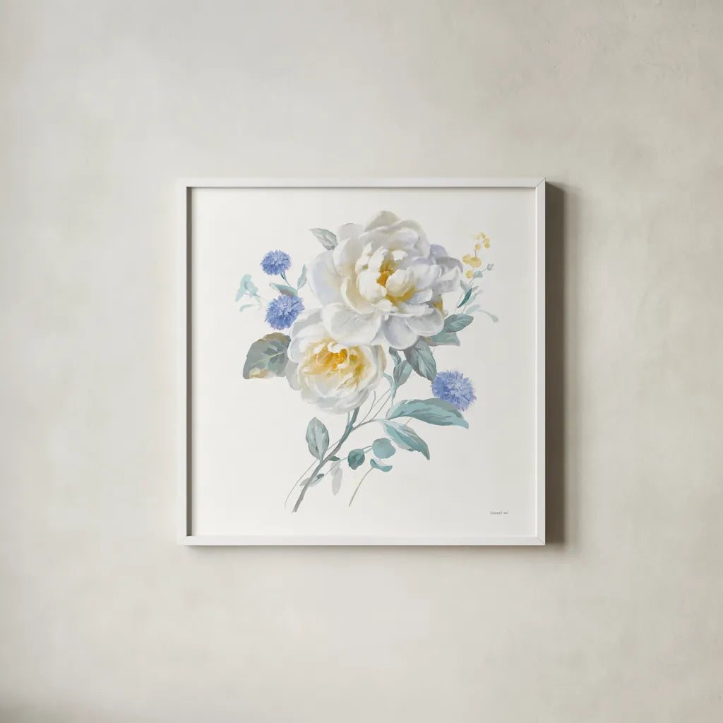 Spring Morning II by Danhui Nai. Shown in a crisp white glass frame for a clean and minimalist style. Available as an archival giclee rolled canvas, fine art paper, or poster print. SKU 81364a.