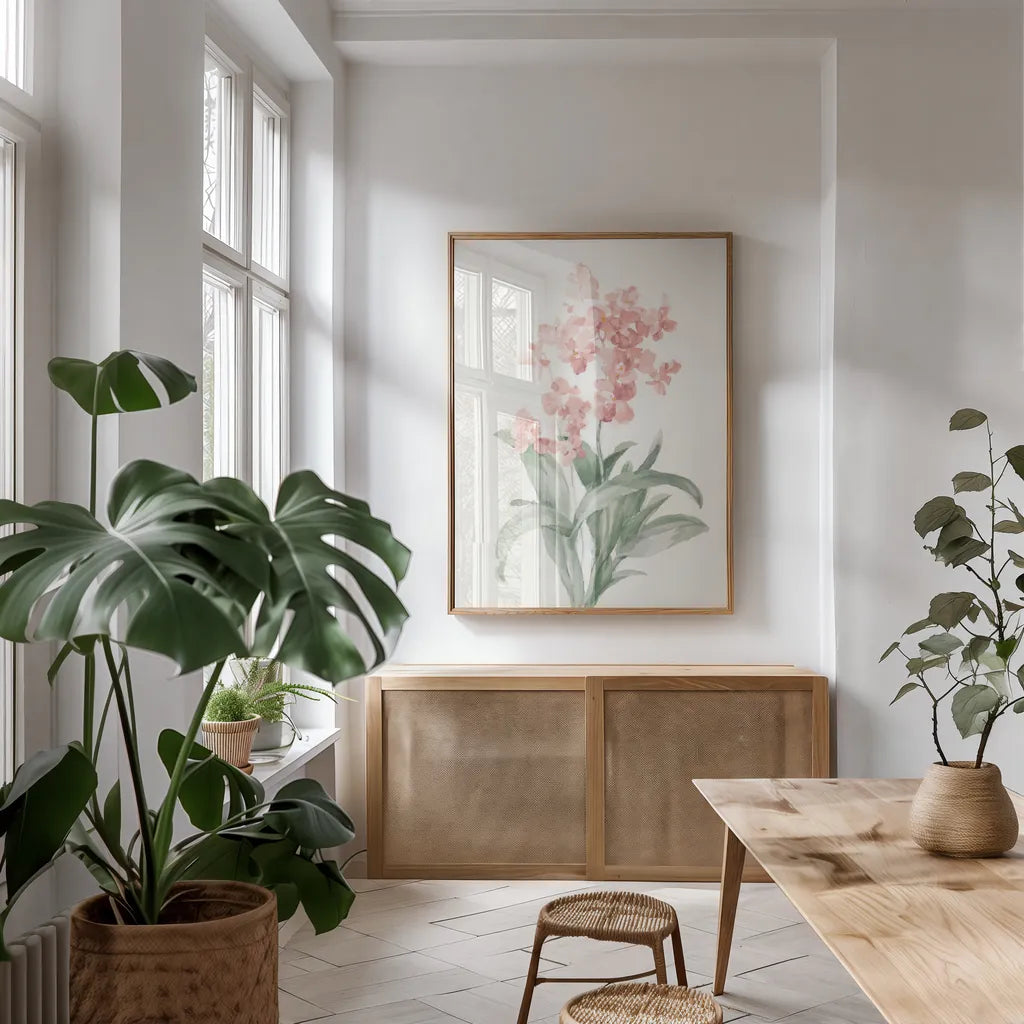 Spring Orchid I by Danhui Nai. shown as a print in a natural wood frame in a dining room. Available as a archival giclee rolled canvas, fine art paper, or poster print. SKU 75763h.