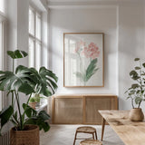 Spring Orchid II by Danhui Nai. shown as a print in a natural wood frame in a dining room. Available as a archival giclee rolled canvas, fine art paper, or poster print. SKU 75764h.