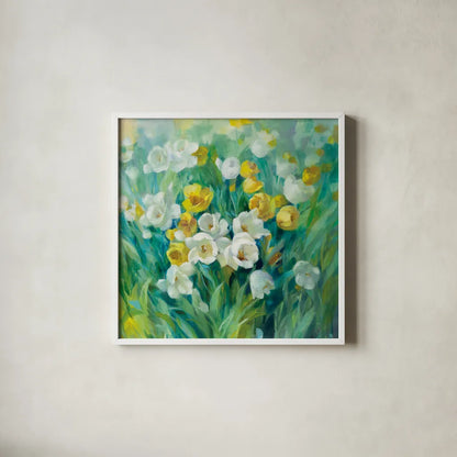 Spring Time by Danhui Nai. Shown in a crisp white glass frame for a clean and minimalist style. Available as an archival giclee rolled canvas, fine art paper, or poster print. SKU 54072a.
