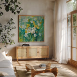 Spring Time by Danhui Nai. Shown in a natural wood frame in a cozy modern living room. Available as an archival giclee rolled canvas, fine art paper, or poster print. SKU 54072a.