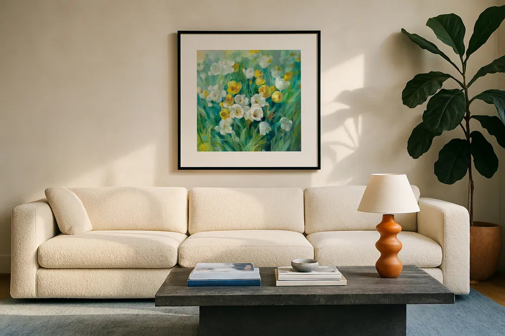 Spring Time by Danhui Nai. Displayed in a glass frame with matte in a clean modern living room. Available as an archival giclee rolled canvas, fine art paper, or poster print. SKU 54072a.