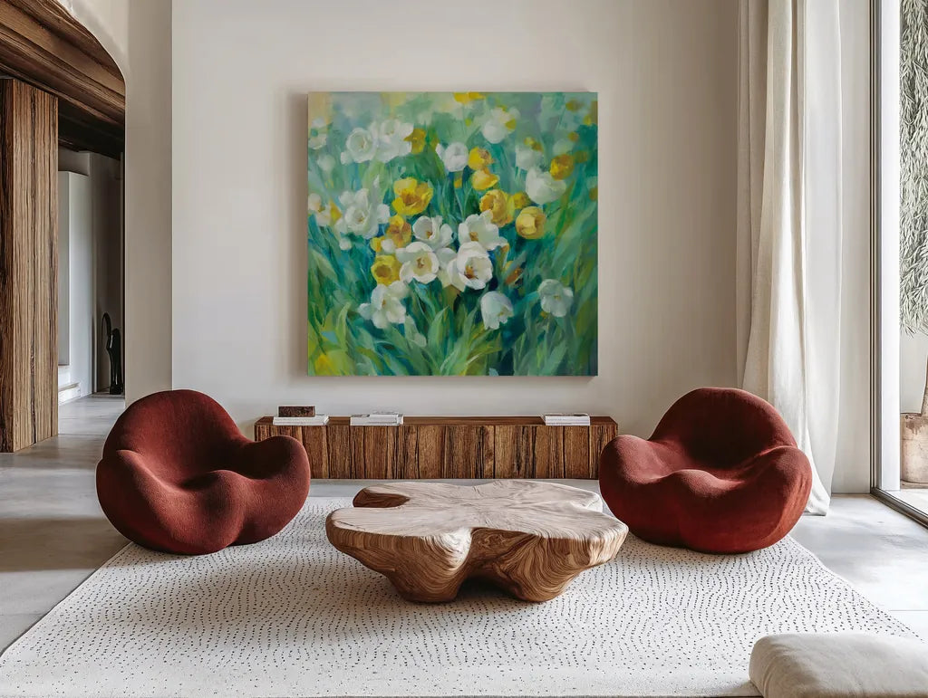 Spring Time by Danhui Nai. Shown as extra-large giant wall art in a modern living room. Available as an archival giclee rolled canvas, fine art paper, or poster print. SKU 54072a.