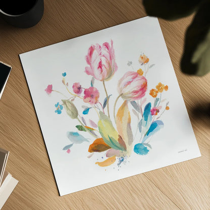 Spring Tulips I by Danhui Nai. Shown as a detailed flat fine art print, highlighting archival giclee quality. Available as an archival giclee rolled canvas, fine art paper, or poster print. SKU 71662a.