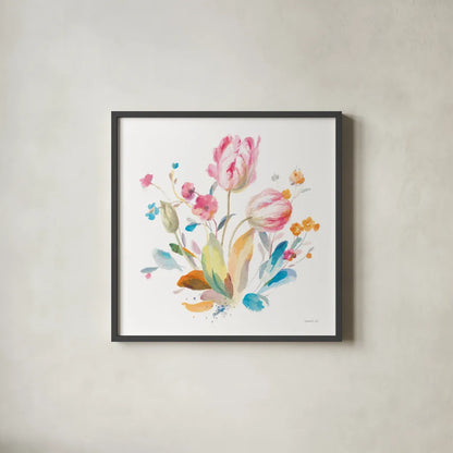 Spring Tulips I by Danhui Nai. Shown in a sleek black glass frame for a contemporary gallery look. Available as an archival giclee rolled canvas, fine art paper, or poster print. SKU 71662a.