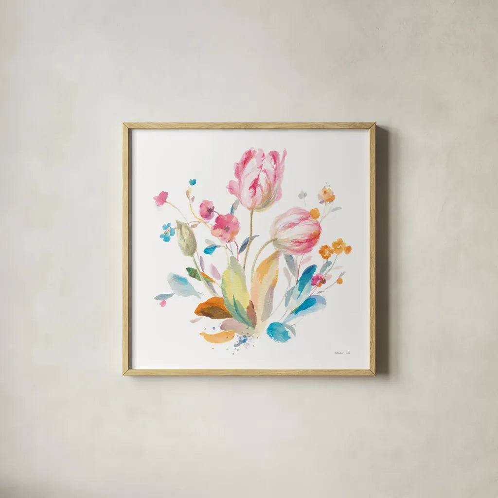 Spring Tulips I by Danhui Nai. Shown in a natural wood glass frame for a timeless modern aesthetic. Available as an archival giclee rolled canvas, fine art paper, or poster print. SKU 71662a.