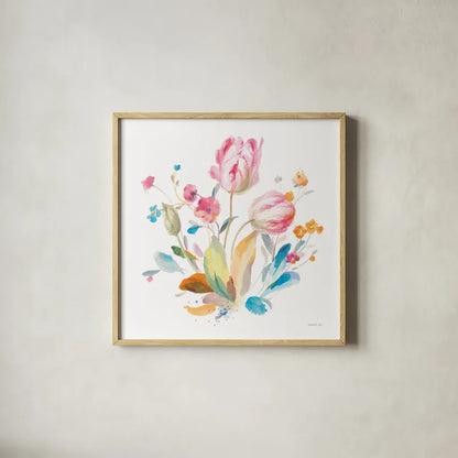 Spring Tulips I by Danhui Nai. Shown in a natural wood glass frame for a timeless modern aesthetic. Available as an archival giclee rolled canvas, fine art paper, or poster print. SKU 71662a.