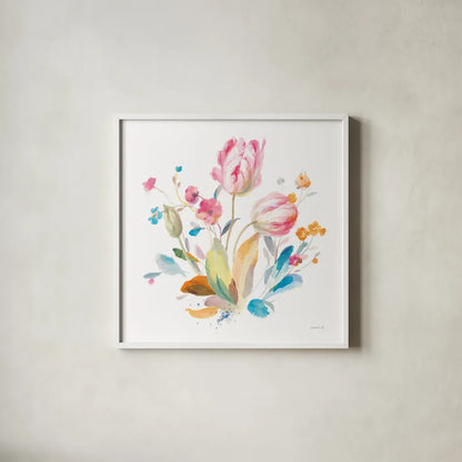 Spring Tulips I by Danhui Nai. Shown in a crisp white glass frame for a clean and minimalist style. Available as an archival giclee rolled canvas, fine art paper, or poster print. SKU 71662a.