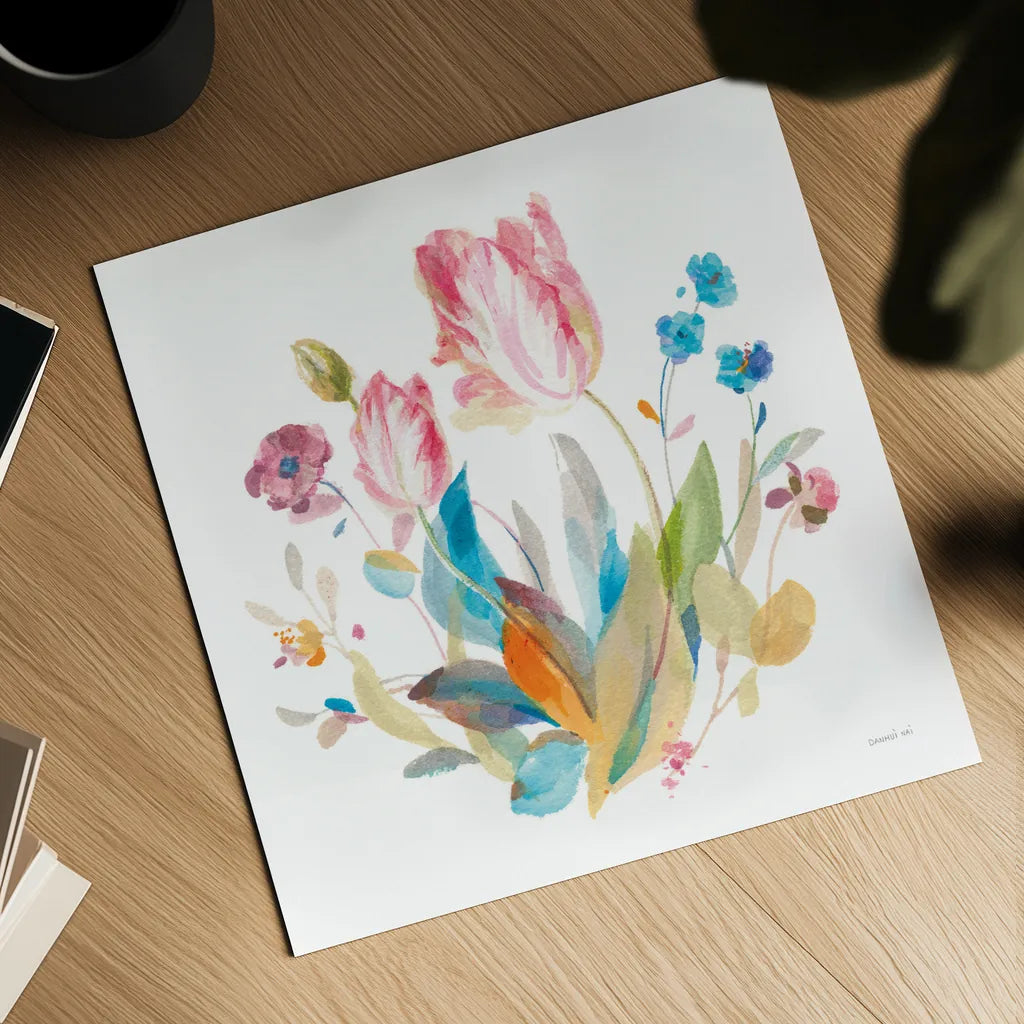 Spring Tulips II by Danhui Nai. Shown as a detailed flat fine art print, highlighting archival giclee quality. Available as an archival giclee rolled canvas, fine art paper, or poster print. SKU 71663a.
